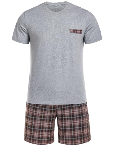 Winovia Schlafanzug Herren Kurz Pyjama 100% Baumwolle Kurzarm Nachtwäsche Nightwear Set mit Rundhals Design und Karierter Hose Graubraun L Winovia Schlafanzug Herren Kurz Pyjama 100% Baumwolle Kurzarm Nachtwäsche Nightwear Set mit Rundhals Design und Karierter Hose Graubraun L von Winovia