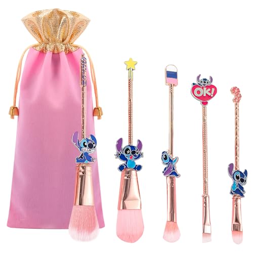 Stitch Make-up-Pinsel-Set, 5-teilig, mit Aufbewahrungstasche, Cartoon-Thema, Kosmetik, Lidschatten, Gesicht, Kosmetikpinsel für Puder, Lidschatten, Rouge, Lippen, Geschenke für Mädchen und Frauen, von Winric