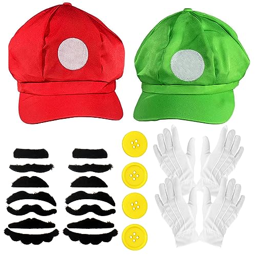 Winric Super Mario Kostüm, Super Mario Bros und Luigi Karneval Accessoires für Kleidung, Mario Kappen Schnurrbärte Handschuhe Knöpfe Karneval für Cosplay von Winric