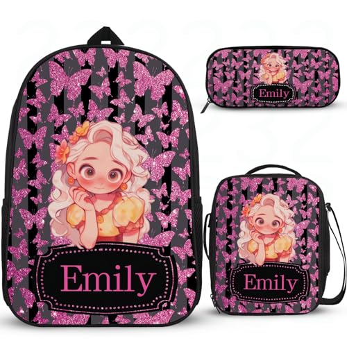 Attraktiver Rucksack für Mädchen, Grundschule, Mittelschule, personalisierter Mädchen-Rucksack für Schule, Grundschule, Kinder, Schulrucksack mit Lunchbox, Federmäppchen, 3 Stück von Wintarn