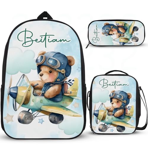 Attraktiver Rucksack für Mädchen, Grundschule, personalisierbar, für Mädchen, großes Fassungsvermögen, leichte Grundschultasche mit Lunchbox, Federmäppchen, 3 Stück von Wintarn