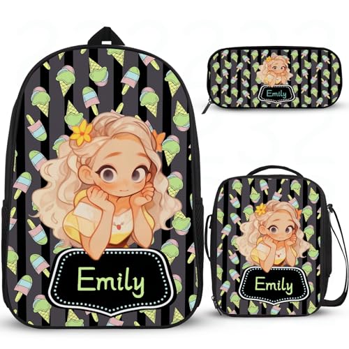 Attraktiver Rucksack für Mittelschüler, personalisierte Schulrucksäcke für Mädchen, Grundschüler, Grundschultasche mit Lunchbox, Federmäppchen, 3 Stück von Wintarn