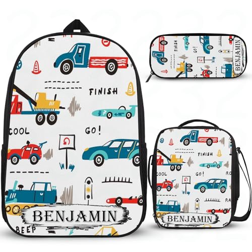 Cartoon-Auto-Rucksäcke für die Schule, personalisierter Mädchen-Rucksack für die Schule, Grundschule, Büchertasche, Grundschultasche mit Lunchbox, Federmäppchen, 3 Stück von Wintarn