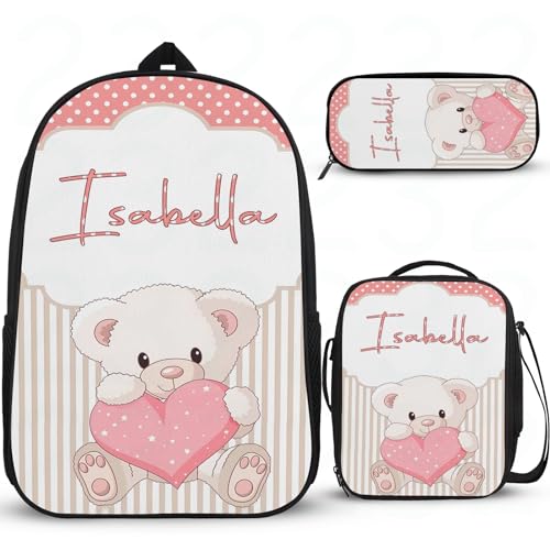 Cartoon-Bär-Büchertasche, personalisierter Mädchen-Rucksack für Schule, Schulrucksack, Mittelschule, Grundschule, Büchertasche, Rucksack, Schule mit Lunchbox, Federmäppchen, 3 Stück von Wintarn