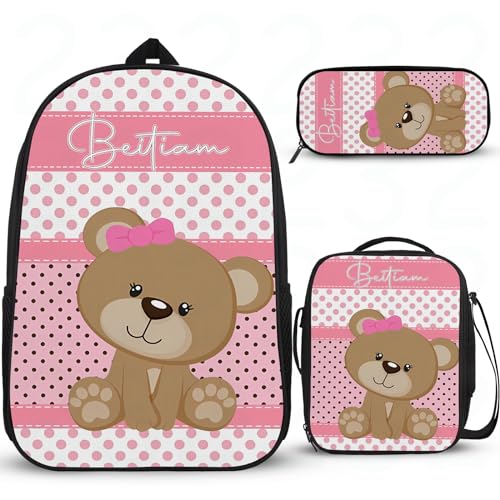 Cartoon-Bär-Rucksack für Mädchen, Grundschule, personalisierbar, Schulrucksäcke für Mädchen, Grundschüler, Schulrucksack für Mädchen, mit Lunchbox, Federmäppchen, 3 Stück von Wintarn