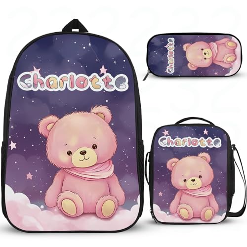 Cartoon-Bär-Rucksäcke für die Schule, personalisierbar, multifunktional, niedlicher Schulrucksack für Mädchen, mit Lunchbox, Federmäppchen, 3 Stück von Wintarn