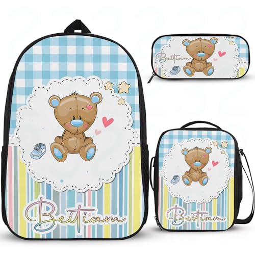 Cartoon-Bär-Tasche, personalisierbar, für Mädchen, Rucksack für Schule, Grundschule, Mittelschule, Schulrucksack für Mädchen, mit Lunchbox, Federmäppchen, 3 Stück von Wintarn