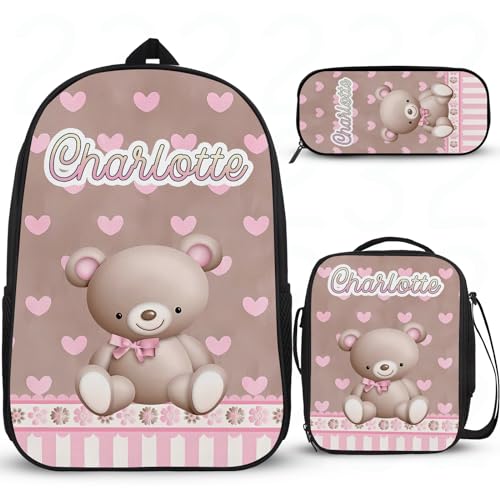 Cartoon-Bär-Taschen für die Schule, personalisierter Mädchen-Rucksack für Schule, Rucksack, Büchertasche für Teenager, leicht, widerstandsfähig, Büchertasche mit Lunchbox, Federmäppchen, 3 Stück von Wintarn