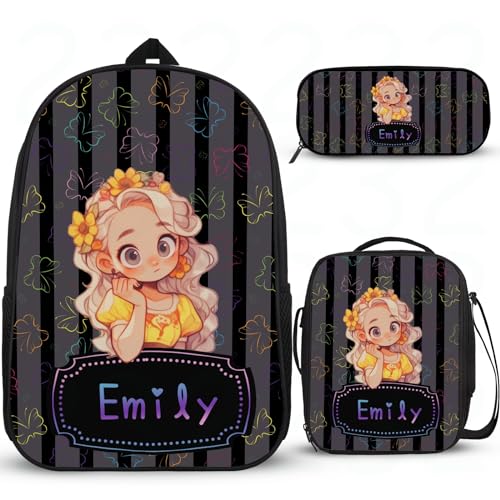 Interessanter Rucksack für Grundschulen, personalisierte Schultaschen für Mädchen, Grundschultasche, Mädchen, Rucksack mit Lunchbox, Federmäppchen, 3 Stück von Wintarn