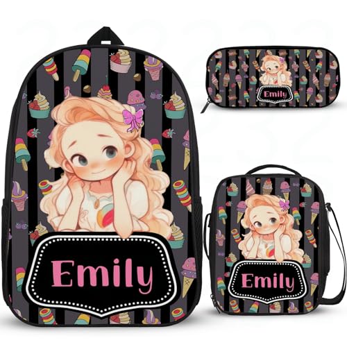 Interessanter Schulrucksack für Teenager-Mädchen, personalisierter Mädchen-Rucksack für Schule, Schulrucksack, multifunktional, niedlicher Mädchen-Rucksack mit Lunchbox, Federmäppchen, 3 Stück von Wintarn