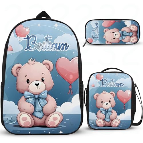 Rucksack mit Cartoon-Bär-Motiv, personalisierbar, für Mädchen, Schulrucksack, Mittelschule, Grundschule, Büchertasche, Kinderschulrucksack mit Lunchbox, Federmäppchen, 3 Stück von Wintarn