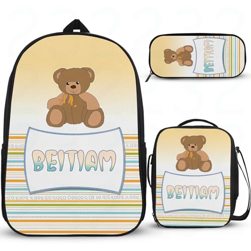 Rucksack mit Cartoon-Bär-Motiv, personalisierbar, für Schule, Grundschule, Büchertasche, Schulrucksack für Mädchen, mit Lunchbox, Federmäppchen, 3 Stück von Wintarn