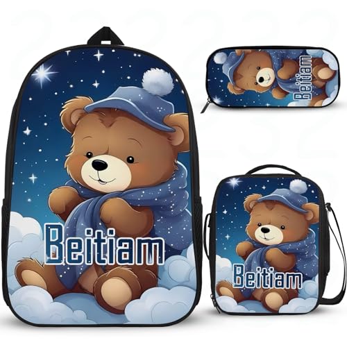 Rucksack mit Cartoon-Bär-Motiv für Grundschulen, personalisierte Schulrucksäcke für Mädchen, Büchertasche für Teenager, Kinder, Schulrucksack mit Lunchbox, Federmäppchen, 3 Stück von Wintarn