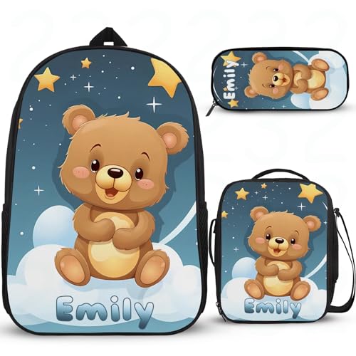 Rucksack mit Cartoon-Bär-Motiv für Jungen und Mädchen, personalisierbar, leicht, Grundschultasche, mit Lunchbox, Federmäppchen, 3 Stück von Wintarn