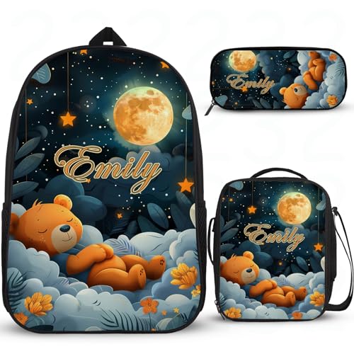 Rucksack mit Cartoon-Bär-Motiv für Mädchen, personalisiertes Schulrucksack-Set für Jungen, Grundschüler, Schultasche, leicht, widerstandsfähig, Büchertasche mit Lunchbox, Federmäppchen, 3 Stück von Wintarn