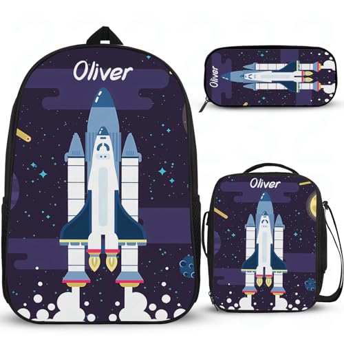 Schulrucksack für Mädchen, Motiv: Weltraum-Astronauten-Rakete, personalisierbar, Schulrucksäcke für Schule, Grundschule, Mittelschule, Büchertasche, Schulrucksack für Mädchen, mit Lunchbox, von Wintarn