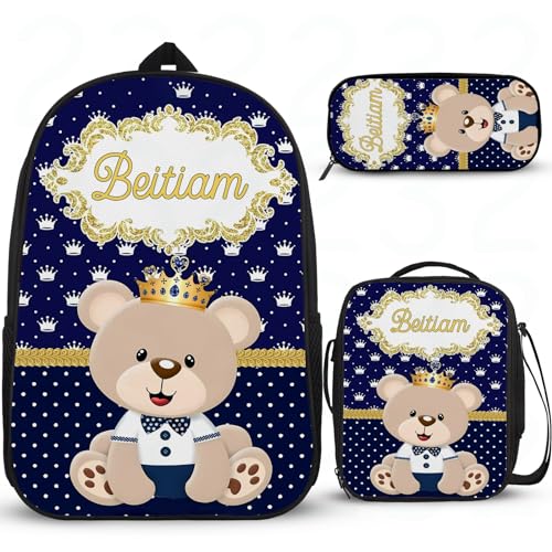 Schulrucksack mit Cartoon-Bär, personalisierbar, für Mädchen, Mittelschule, Grundschule, Büchertaschen, leichte Grundschultasche mit Lunchbox, Federmäppchen, 3 Stück von Wintarn