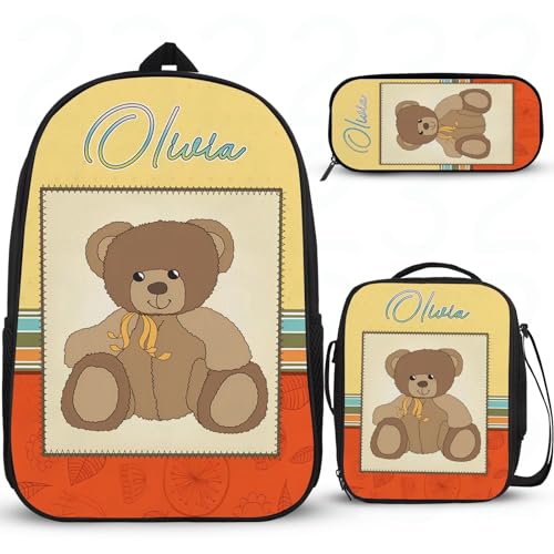 Schulrucksack mit Cartoon-Bär, personalisierbar, für Schule, Grundschule, Büchertasche, Mädchen, Rucksack mit Lunchbox, Federmäppchen, 3 Stück von Wintarn