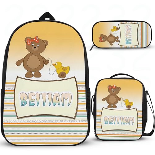 Schulrucksack mit Cartoon-Bär, personalisierbar für Mädchen, Grundschüler, Tagesrucksack, Grundschultasche mit Lunchbox, Federmäppchen, 3 Stück von Wintarn