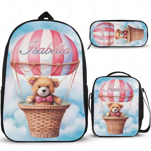 Schulrucksack mit Cartoon-Bär-Motiv, personalisierbar, für Mädchen, Grundschüler, Tagesrucksack, Segeltuch, Reisetasche mit Lunchbox, Federmäppchen, 3 Stück von Wintarn