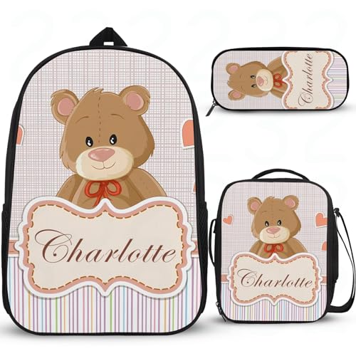 Schulrucksack mit Cartoon-Bär für Mädchen, personalisierter Schulrucksack, Rucksäcke für Schule, Freizeit, Schultasche, Schulrucksack für Mädchen, mit Lunchbox, Federmäppchen, 3 Stück von Wintarn