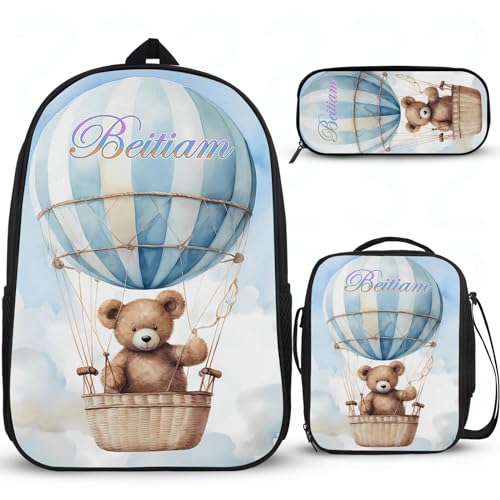 Schultasche mit Cartoon-Bär, personalisierbar, für Mädchen, Schulrucksack, Mittelschule, Grundschule, Büchertasche, leichte Grundschultasche mit Lunchbox, Federmäppchen, 3 Stück von Wintarn