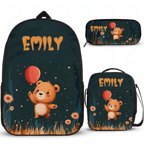 Schultaschen mit Cartoon-Bär-Motiv, personalisierbare Rucksäcke für Mädchen, Grundschüler, Grundschulranzen mit Lunchbox, Federmäppchen, 3 Stück von Wintarn