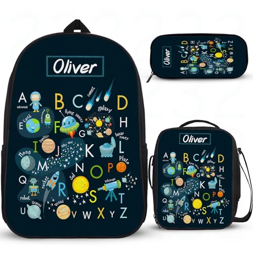 Weltraum-Astronauten-Raketen-Rucksäcke, personalisierbar, für Mädchen, Schulrucksack, Mittelschule, Grundschule, Büchertasche, leichte Grundschultasche mit Lunchbox, Federmäppchen, 3 Stück von Wintarn