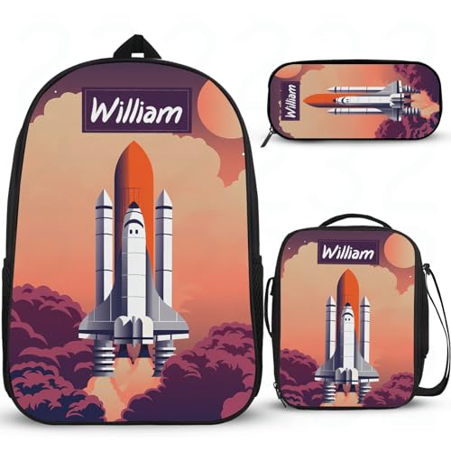 Weltraum-Astronauten-Raketen-Schulrucksack für Mädchen, personalisierter Mädchen-Rucksack für Schule, Schulrucksack, Grundschultasche, leichte Grundschultasche mit Lunchbox, Federmäppchen, 3 Stück von Wintarn