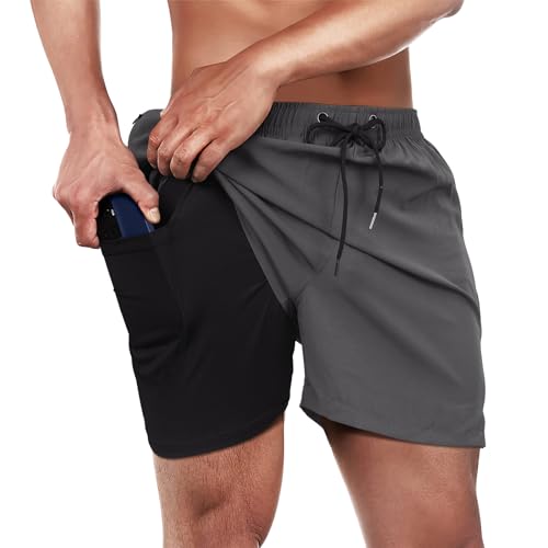 Winthome Badehose Herren Bequem Weich, Badeshorts Schnelltrocknend, Jogginghose Herren Kurz mit Reisverschlusstasche, Bademode mit Kompression Liner, Boardshorts Männer Elastischen Bund (Grau, XXL) von Winthome