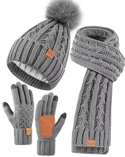 Damen-Winter-Set mit Mütze, langem Schal und Handschuhen, Fleece-gefütterte Wintermütze mit Bommel, langer Strickschal, Touchscreen-Handschuhe für kaltes Wetter, GRAU, Einheitsgröße von Winuesa