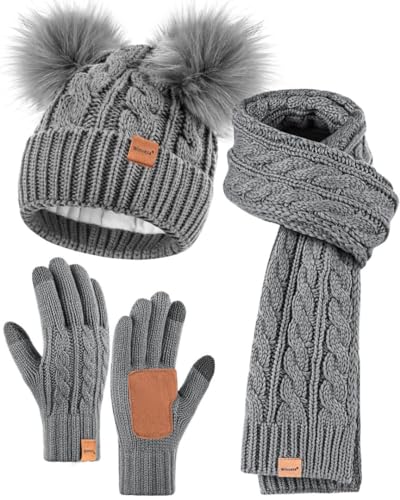 Winuesa Mütze, Schal & Handschuh-Sets für Damen, Beanie Mütze Damen Winter mit Bommel Fleece Gefütterte, Touchscreen Handschuhe Schal Mütze Damen 3 in 1 Set(Grau) von Winuesa