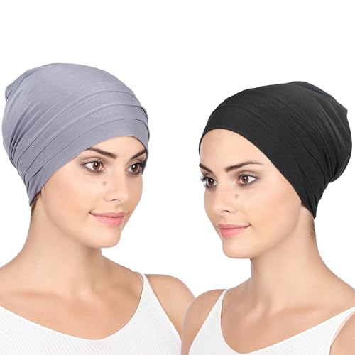 Wisebom 2 Stücke Chemo Mütze Damen, Dünne Beanie Mütze Grau Schwarz, Chemo Hut Weich Leicht, Schlafmütze Haarausfall für Frauen Damen von Wisebom