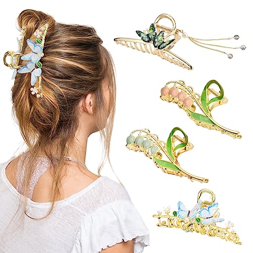 Wisebom 4 Stück Metall Haarspangen, Schmetterlings Haarspangen Blumen Haarspangen für Dame, Große Haarkrallen Clips für Frauen Zarte Haarklammer für Damen Dickes Dünnes Langes Haar von Wisebom