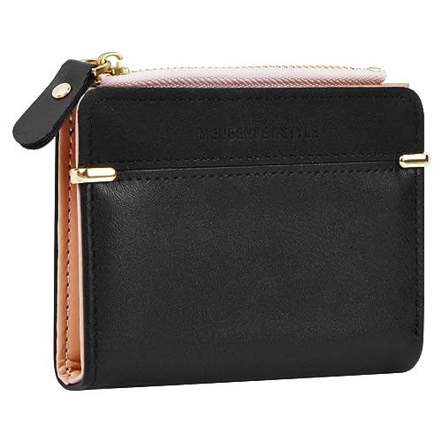 Wisebom Damen Geldbeutel Klein Geldbörse aus Weichem PU Leder mit Zipper, Mini Kartenhalter Portemonnaie Kleine Brieftasche für Frauen Geldbeutel Kurzformat(Schwarz/Rosa/Blau) (Schwarz) von Wisebom