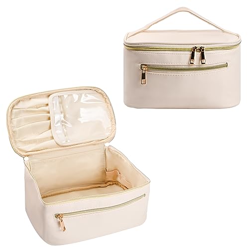 Wisebom Kosmetiktasche Damen, Groß Make Up Tasche Bag, Schminktasche Organizer, Kosmetik Organizer Tasche mit Bürstenfach Kulturtasche PU Leder Tragbare Makeup Bag, Kosmetikaufbewahrung (Beige) von Wisebom