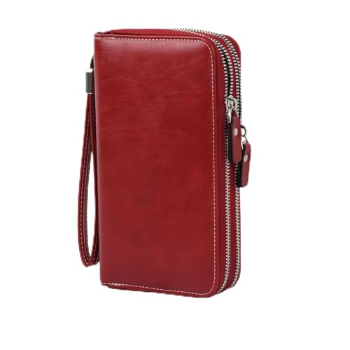 Wisebom Leder Geldbörse Große, PU Leder Geldbeutel Vintage Lang Portemonnaie mit 14 Kartenfächer RFID Schutz, Leder Portmonee mit 2 Reißverschluss und Handschlaufe Unisex (Retro Rot) von Wisebom