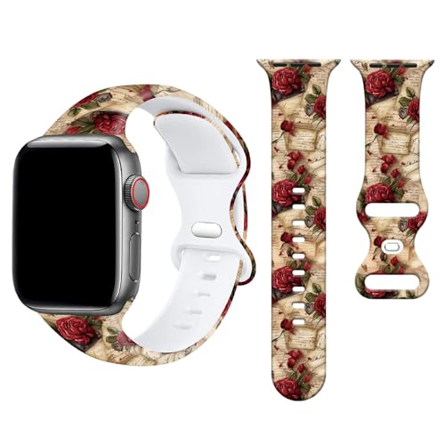 Uhrenarmbänder mit roter Rose auf Buch-Design, kompatibel mit Apple Watch, 38 mm/40 mm/41 mm, verstellbares Silikon-Ersatzarmband für iWatch SE/Serie 7/6/5/4/3/2/1 Uhrenarmbänder mit roter Rose auf Buch-Design, kompatibel mit Apple Watch, 38 mm/40 mm/41 mm, verstellbares Silikon-Ersatzarmband für iWatch SE/Serie 7/6/5/4/3/2/1 von Withtap