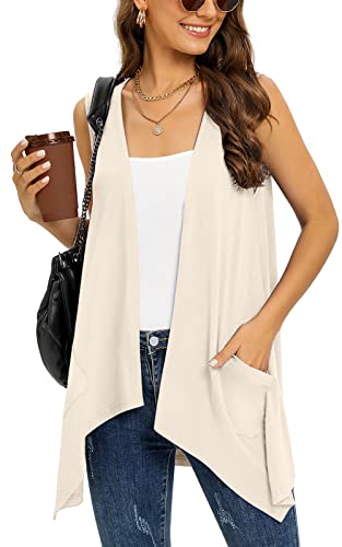 Wiwclo Vest Cardigan for Women Fashion Casual Open Front Lightweight Summer Cardigans Sleeveless Draped Kimono with Pockets Asymmetric Hem,Apricot,S Wiwclo Vest Cardigan for Women Fashion Casual Open Front Lightweight Summer Cardigans Sleeveless Draped Kimono with Pockets Asymmetric Hem,Apricot,S von Wiwclo