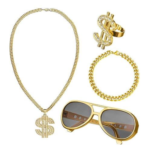 Wizoowip Aufblasbare Boom Box Faux Goldene Kette Halskette 1 Set Cosplay Zubehör Radio Ring Armband Eimer Hut Brille Punk Retro Disco Hip Hop Rock Karneval F von Wizoowip