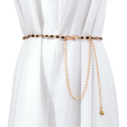Wizoowip Goldene Metall-Taillengürtelkette für einfarbige Outfits, Bohemian-Mode, Hakenkörper-Party-Accessoire, Damen-Mädchen-Kleid mit bunt Schwarz von Wizoowip