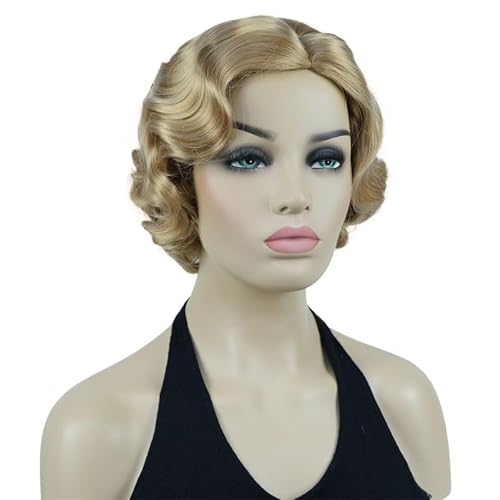 Kurze 20-Zoll-Fingerwellen-Blondine, Vollsynthetische Cosplay-Perücke 24B Golden Blonde von Wjnvfioo