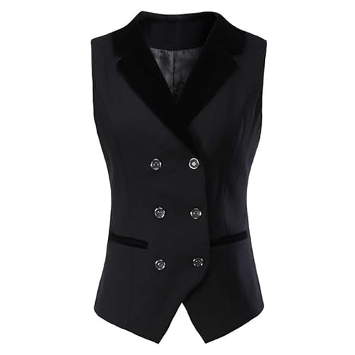 Wjnvfioo Damen Anzugweste Revers Zweireiher Business Slim Fit Büro Arbeit Weste, Schwarz , 46 von Wjnvfioo