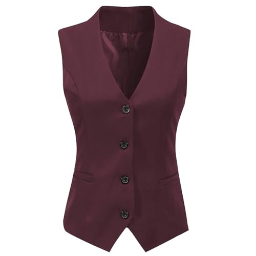 Wjnvfioo Damen formelle 4 Knöpfe V-Ausschnitt gestreift und solide ärmellose Jacke Business Kleid Anzug Weste Weste, burgunderfarben, 36 von Wjnvfioo