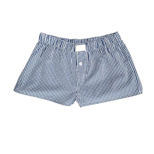 Wkerhko Y2k Pyjama-Shorts für Damen, kariert, elastisch, niedrige Taille, Knopfleiste vorne, Lounge-Shorts, süße Bloomer-Shorts, Streetwear, dunkelblau, Medium von Wkerhko