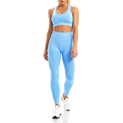 WodoWei Damen 2-teiliges Workout-Outfits, Sport-BH, nahtlose Leggings, Yoga, Fitnessstudio, Activewear Set - Blau - Large von WodoWei