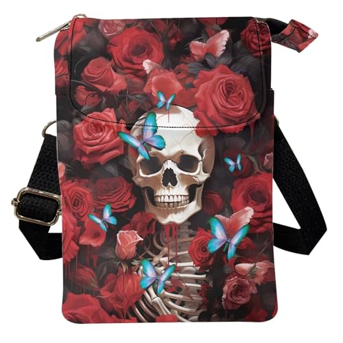 Wideasale Kuriertasche, lässige Umhängetasche für Damen, stilvolle Outdoor-Reise, Reißverschluss, Stofftasche, Handyaufbewahrung, Geldbörse, Totenkopf Rose von Woisttop