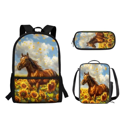 Woisttop 3-teiliger Rucksack für Kinder, elementarer Rucksack, Schultasche mit Lunchbox, Tasche, Federmäppchen-Set, Sonnenblume von Woisttop