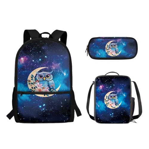 Woisttop 3-teiliger Rucksack für Kinder, elementarer Rucksack, Schultasche mit Lunchbox, Tasche, Federmäppchen-Set, eule von Woisttop