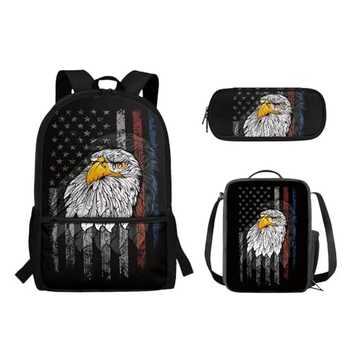 Woisttop 3-teiliges Rucksack-Schultaschen-Set für Jungen und Mädchen, Schultasche mit Lunchtasche, Federmäppchen, Beutel-Set, American Flag Eagle von Woisttop